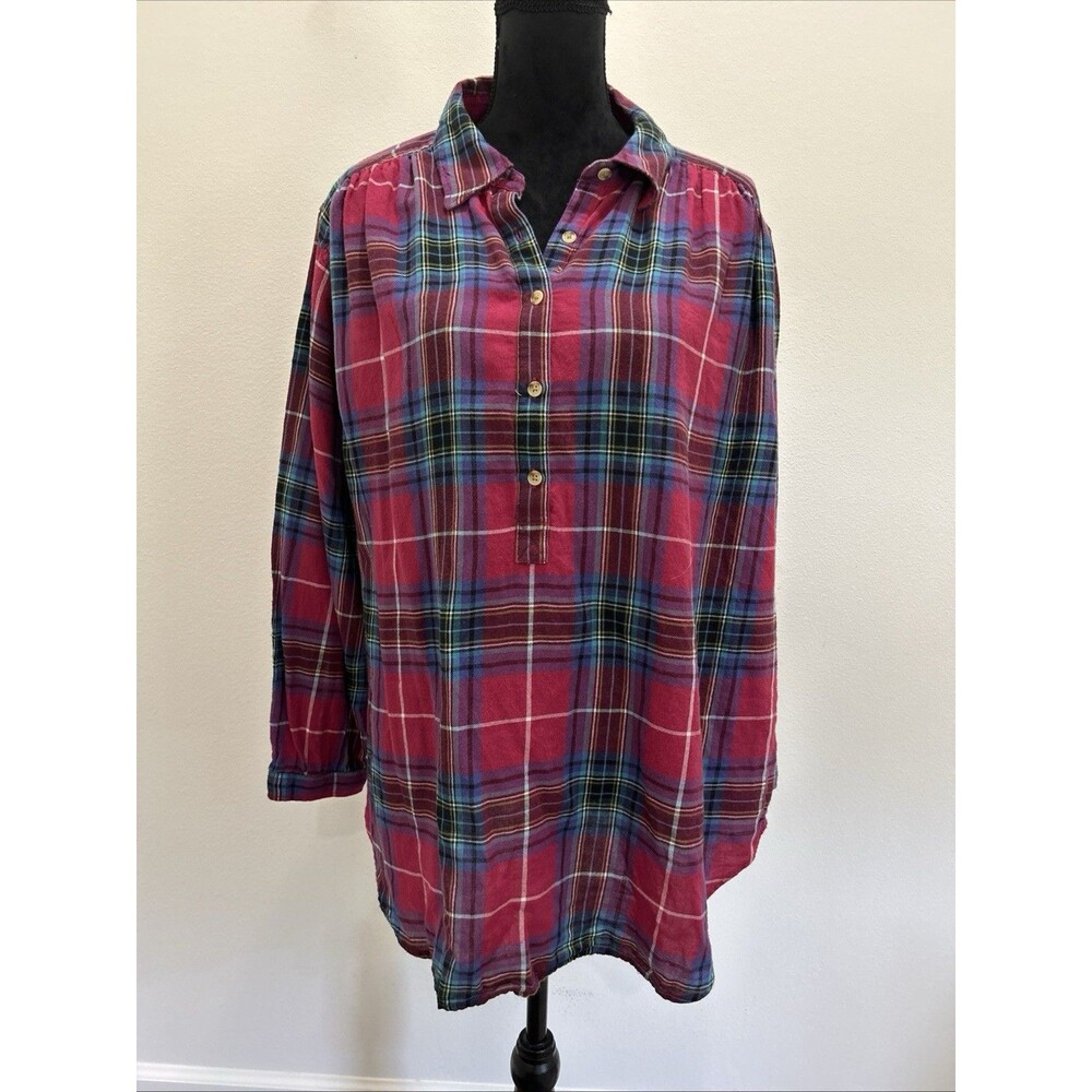 CHAPS Denim Womens PLUS 2X Top Red Plaid 100% Cotton Long Sleeve Collar Buttons